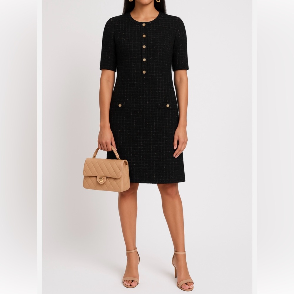AUTHENTIC CHANEL BLACK DRESS W/GOLD TONE KNIT STRETCHY DRESS - BEAUTIFUL, CLASSY